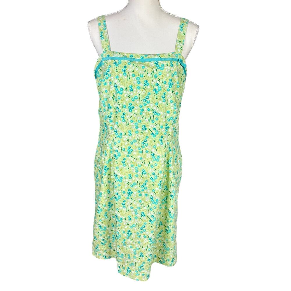 Ann Taylor Loft Floral Sundress Size 14 Blue Green Cotton Lined Y2K Boho Summer